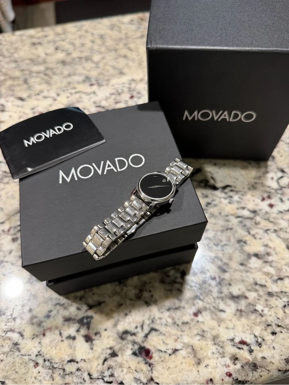 Movado Silver Bracelet Watch with Black Dial